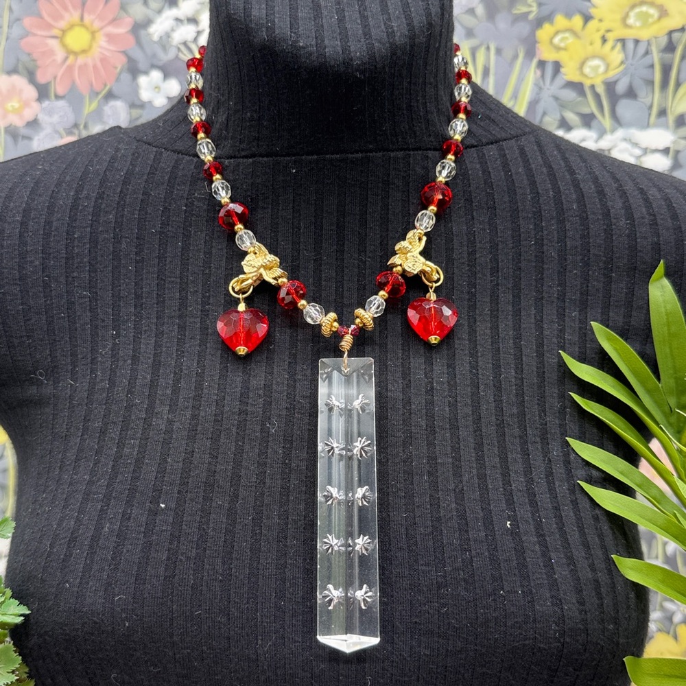 👑Adorned Crown Jewelry assemblage glass crystal red bead cherub necklace